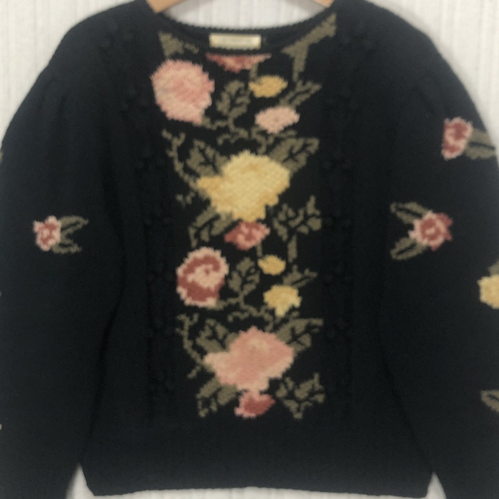Liz Claiborne Collection Vintage Hand Knitted Black Floral Embroidered Sweater